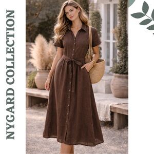 Nygaard 100% Linen Brown Shirt Dress Size 18 Belted